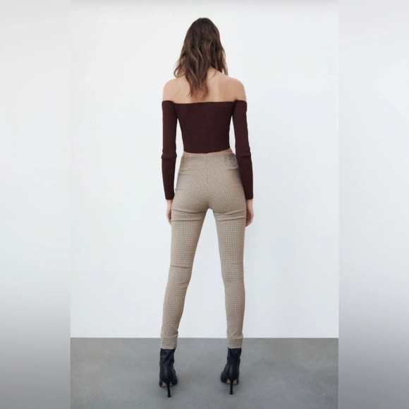 Zara Women’s Gingham Fitted Side Zip Trousers in Black/Brown/White Size L - Picture 1 of 10
